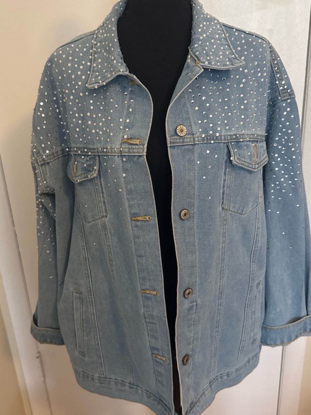 Cheer Mom Rhinestone Oversized Denim Jacket XL Bling Cheerleading